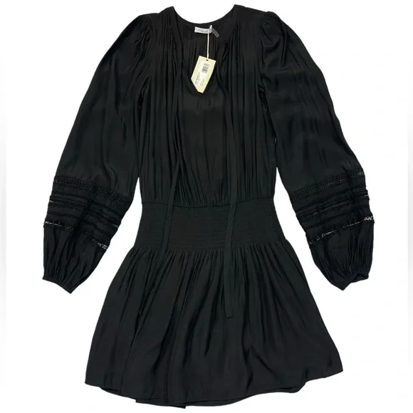 Ramy Brook Rosey Blouson Smocked Mini Dress Black Long Sleeve Tie Neck Size S - Picture 4 of 16